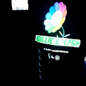 billie eilish rainbow flower logo by takahashi NEW L woman tee - pop lgbtq blue